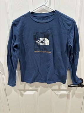 The North Face Long Sleeve Logo Tee - Dark Blue with White & Orange Accents